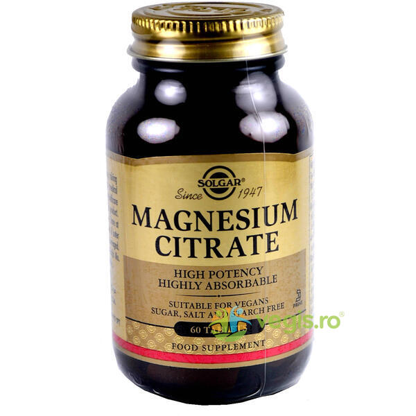 Magnesium Citrate (Citrat de magneziu) 200mg 60tb, SOLGAR, Capsule, Comprimate, 1, Vegis.ro