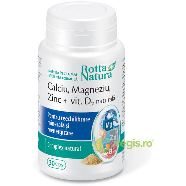 Calciu Magneziu Zinc + Vitamina D2 Naturala 30cps, ROTTA NATURA, Capsule, Comprimate, 1, Vegis.ro