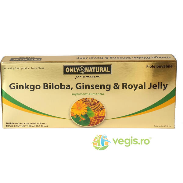 ON Ginkgo Biloba + Ginseng + Royal Jelly 10fiole*10ml 1000+200+300mg, ONLY NATURAL, Fiole, 1, Vegis.ro