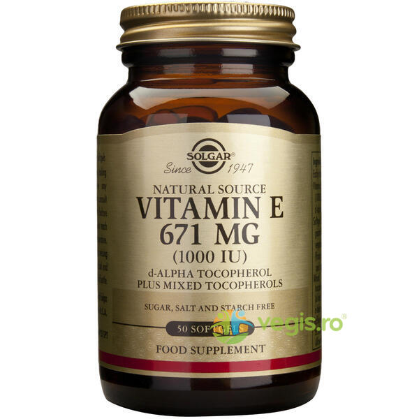 Vitamina E din surse naturale 671 mg (1000 UI) 50cps, SOLGAR, Capsule, Comprimate, 1, Vegis.ro