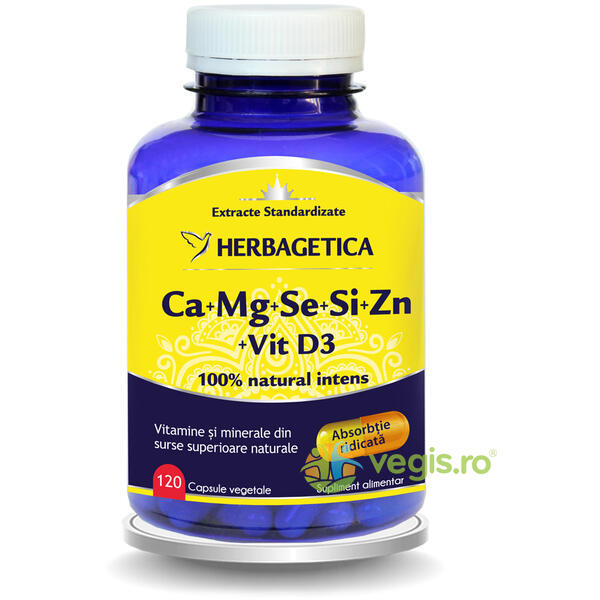 Complex Forte (Ca+Mg+Se+Si+Zn) Cu Vitamina D3 2000UI 120Cps, HERBAGETICA, Vitamine, Minerale & Multivitamine, 1, Vegis.ro