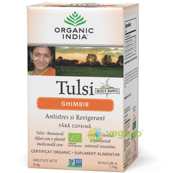 Ceai Tulsi cu Ghimbir Ecologic/Bio 18pl, ORGANIC INDIA, Ceaiuri doze, 3, Vegis.ro