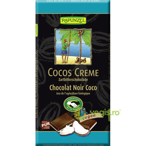 Ciocolata Amaruie Vegana cu Crema de Cocos Ecologica/Bio 100g, RAPUNZEL, Dulciuri & Indulcitori Naturali, 1, Vegis.ro