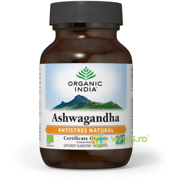 Pachet 1+1 Ashwaghanda Eco/Bio 60cps veg+Ceai Tulsi Sleep Eco/Bio 18pl, ORGANIC INDIA, Capsule, Comprimate, 3, Vegis.ro