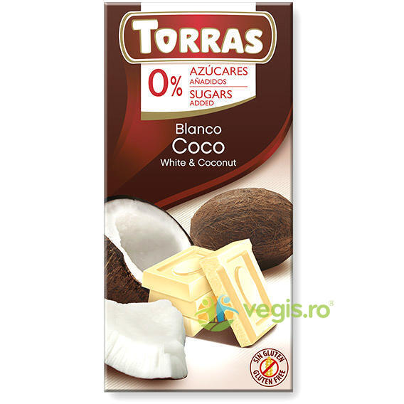 Ciocolata Alba cu Nuca de Cocos si Indulcitor 75g, TORRAS, Dulciuri sanatoase, 1, Vegis.ro