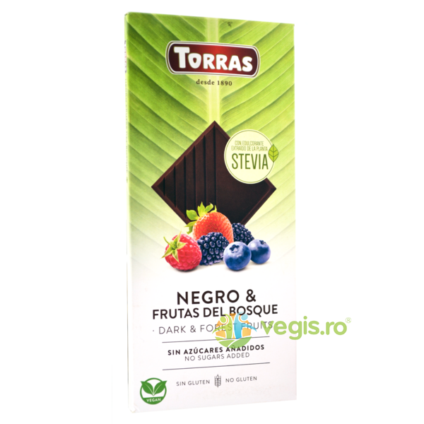 Ciocolata Neagra 54% cu Fructe de Padure (Indulcitor Stevia) fara Gluten 125g, TORRAS, Ciocolata, 1, Vegis.ro