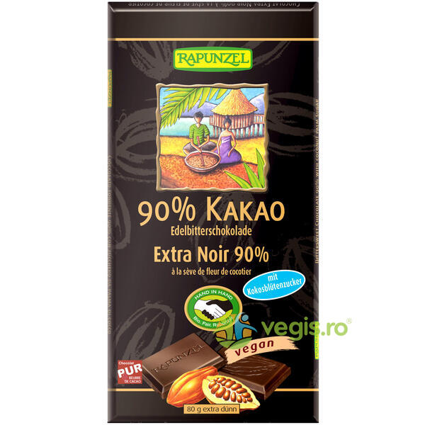 Ciocolata Amaruie 90% Cacao si Zahar de Cocos Vegana Ecologica/Bio 80g, RAPUNZEL, Dulciuri & Indulcitori Naturali, 1, Vegis.ro