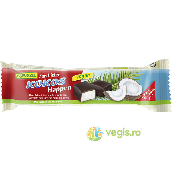 Baton Vegan De Cocos Cu Glazura Amaruie Ecologic/Bio 50g, RAPUNZEL, Dulciuri & Indulcitori Naturali, 1, Vegis.ro