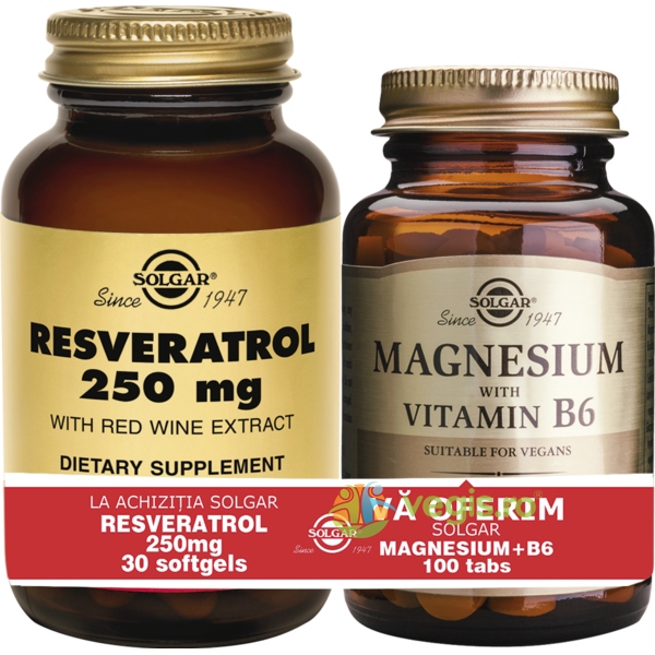 Resveratrol 250mg 30cps (cu extract de vin rosu) + Magnesium cu B6 100 tablete Pachet 1+1, SOLGAR, Capsule, Comprimate, 3, Vegis.ro