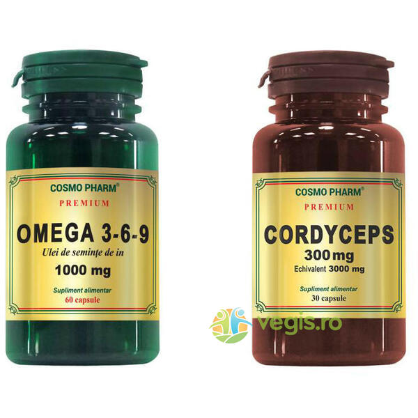 Omega 3-6-9 Ulei din Seminte de In 1000mg Premium 60cps + Cordyceps Premium 30cps Pachet 1+1, COSMOPHARM, Capsule, Comprimate, 3, Vegis.ro