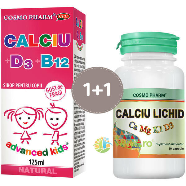 Sirop Calciu+D3+B12 pentru Copii 125ml + Calciu Lichid 30cps Pachet 1+1, COSMOPHARM, Pachete Suplimente, 3, Vegis.ro
