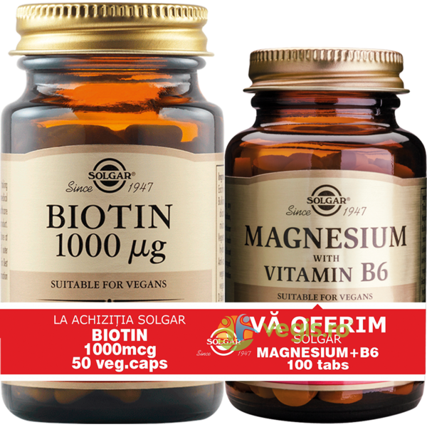 Biotin 1000mcg 50cps vegetale + Magnesium (Magneziu) cu B6 100 tablete Pachet 1+1, SOLGAR, Capsule, Comprimate, 3, Vegis.ro