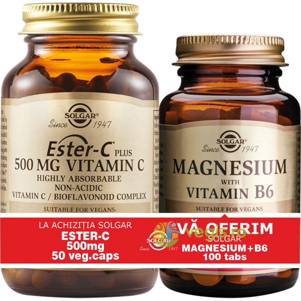 Ester-C 500mg 50cps (Ascorbat de calciu) + Magnesium (Magneziu) cu B6 100 tablete Pachet 1+1, SOLGAR, Capsule, Comprimate, 3, Vegis.ro