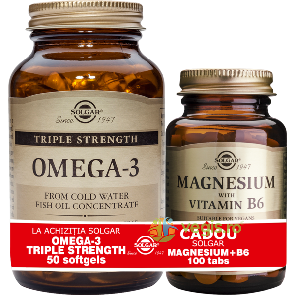 Omega-3 Triple Strength 50cps + Magnesium (Magneziu) cu B6 100 tablete Pachet 1+1, SOLGAR, Capsule, Comprimate, 4, Vegis.ro