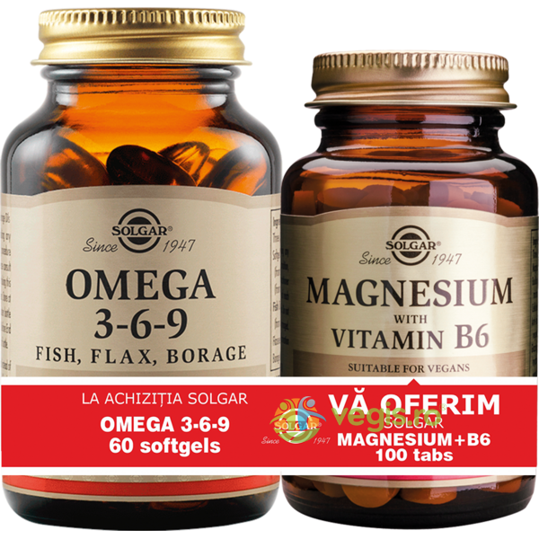 Omega 3-6-9 60cps + Magnesium (Magneziu) cu B6 100 tablete Pachet 1+1, SOLGAR, Capsule, Comprimate, 3, Vegis.ro