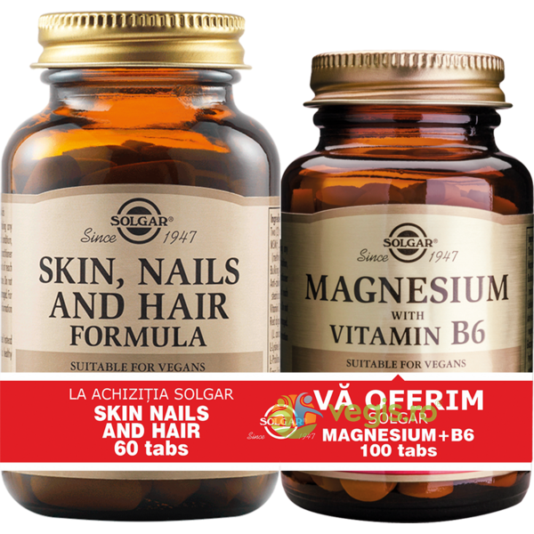 Skin Nails And Hair Formula 60tb (Formula pentru piele, unghii si par) + Magnesium (Magneziu) cu B6 100 tablete Pachet 1+1, SOLGAR, Capsule, Comprimate, 3, Vegis.ro