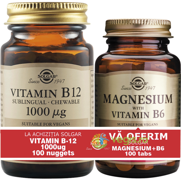 Vitamina B12 1000mcg 100tb (Cobalamina) + Magnesium (Magneziu) cu B6 100 tablete Pachet 1+1, SOLGAR, Capsule, Comprimate, 3, Vegis.ro