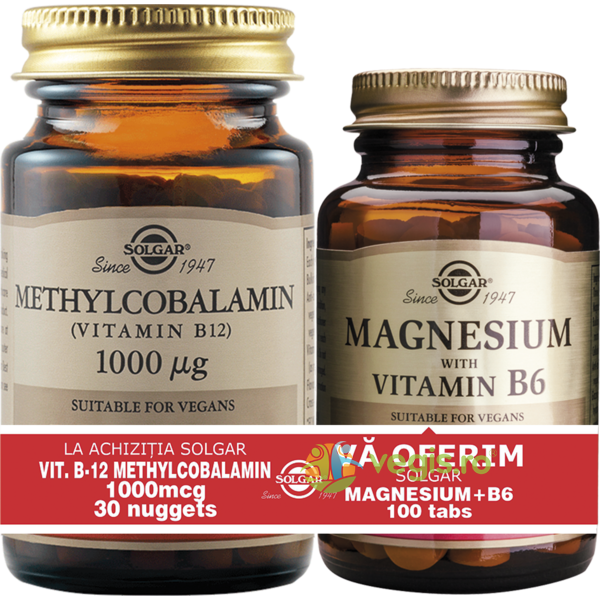 Methylcobalamin (Vitamina B12) 1000mcg 30tb (Metilcobalamina) Sublinguale + Magnesium (Magneziu) cu B6 100 tablete Pachet 1+1, SOLGAR, Capsule, Comprimate, 3, Vegis.ro