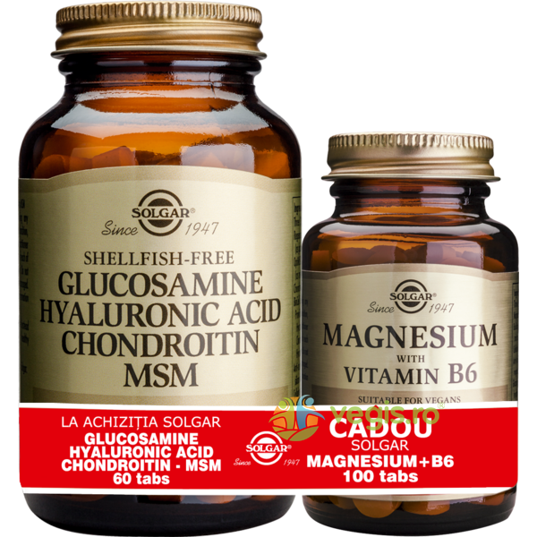 Glucosamine Hyaluronic Acid Chondroitin MSM 60tb (Glucozamina, acid hialuronic, condroitina si MSM) + Magnesium (Magneziu) cu B6 100 tablete Pachet 1+1 Cadou, SOLGAR, Capsule, Comprimate, 4, Vegis.ro