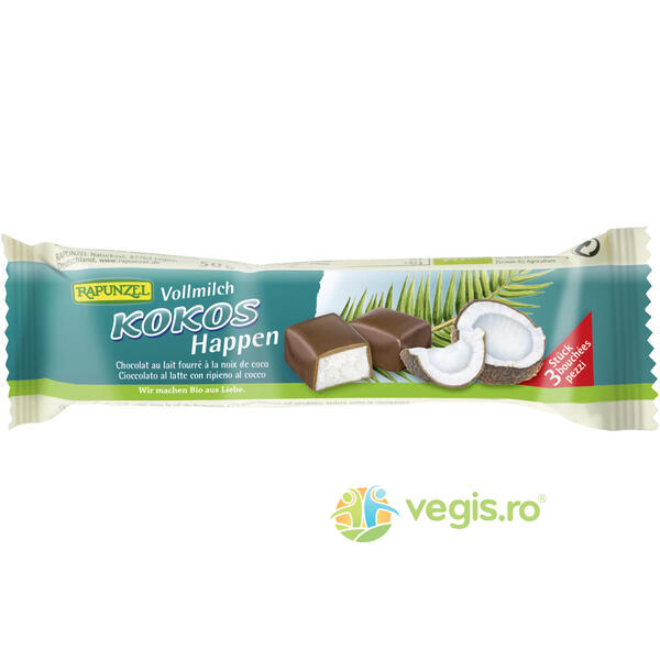 Baton de Cocos cu Glazura din Lapte Integral Ecologic/Bio 50g, RAPUNZEL, Dulciuri & Indulcitori Naturali, 1, Vegis.ro