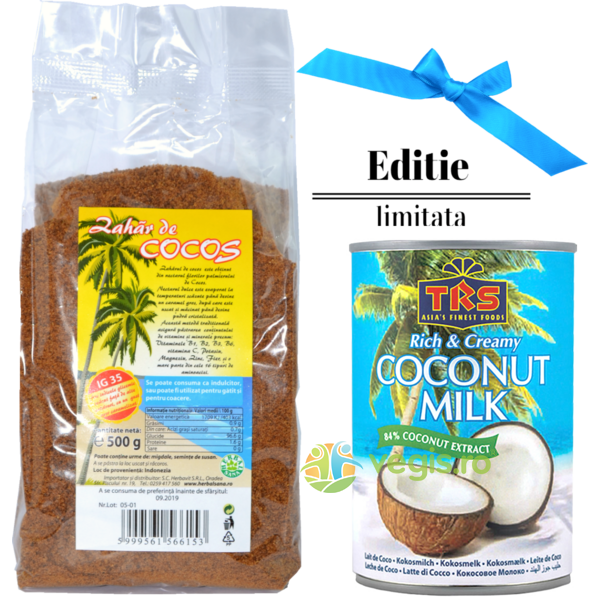 Pachet Promo Cocos: Zahar de Cocos 500g + Lapte de Cocos 400ml, EXCLUSIV, Pachete Alimentare, 3, Vegis.ro
