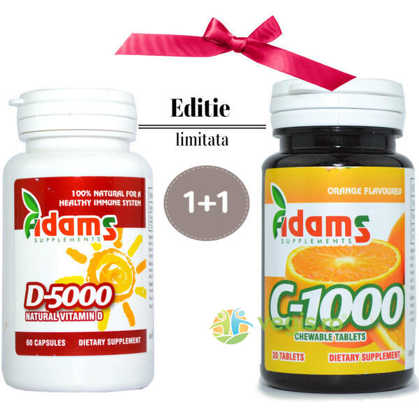 Vitamina D 5000 60cps+Vitamina C 1000mg 30tb Masticabile Pachet 1+1, ADAMS VISION, Capsule, Comprimate, 3, Vegis.ro