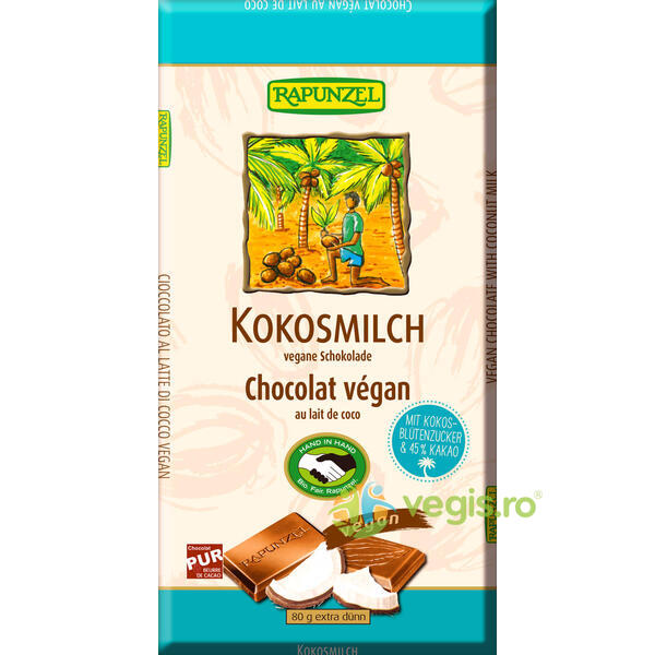 Ciocolata cu Lapte de Cocos Ecologica/Bio 80g, RAPUNZEL, Dulciuri & Indulcitori Naturali, 1, Vegis.ro