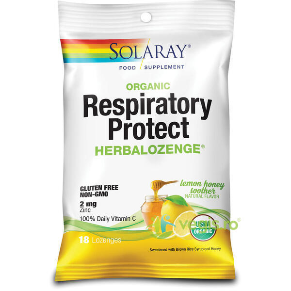 Respiratory Protect Dropsuri cu Aroma de Lamaie si Miere 18buc. Secom,, SOLARAY, Capsule, Comprimate, 1, Vegis.ro