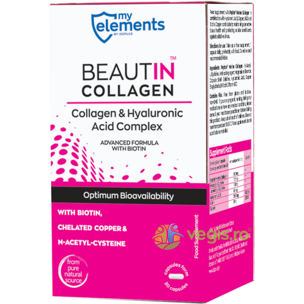 Beautin Colagen cu Acid Hialuronic si Biotina 30Cps, MYELEMENTS, Capsule, Comprimate, 3, Vegis.ro