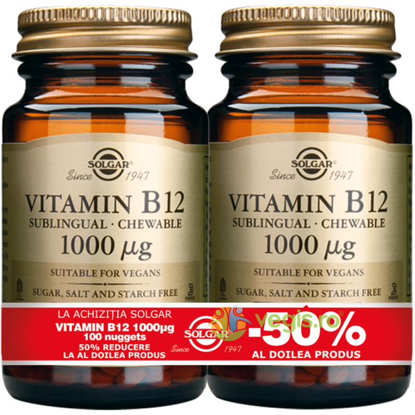 Vitamina B12 1000mcg 100tb (Cobalamina) Pachet 1+1-50%, SOLGAR, Vitamina B12, 1, Vegis.ro