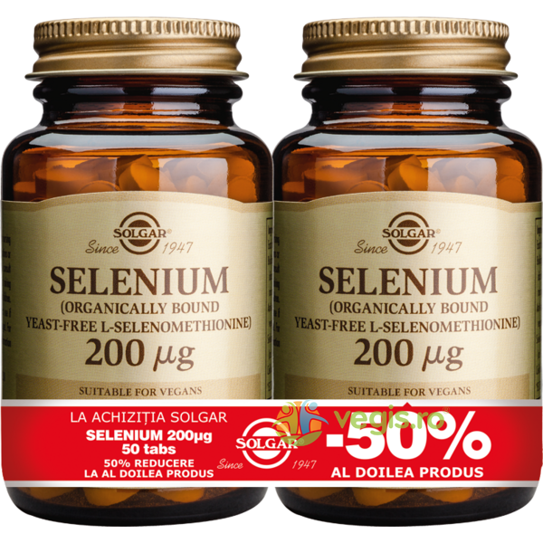 Selenium (Seleniu) 200mcg 50tb Pachet 1+1-50%, SOLGAR, Capsule, Comprimate, 1, Vegis.ro
