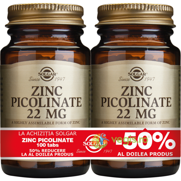 Zinc Picolinate 22mg 100tb Pachet 1+1-50%, SOLGAR, Capsule, Comprimate, 1, Vegis.ro