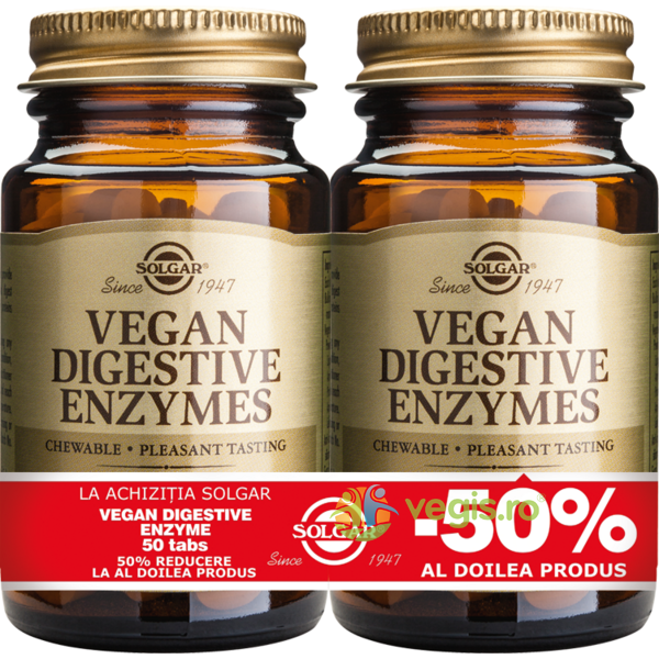 Vegan Digestive Enzymes 50tab Pachet 1+1-50%, SOLGAR, Capsule, Comprimate, 1, Vegis.ro