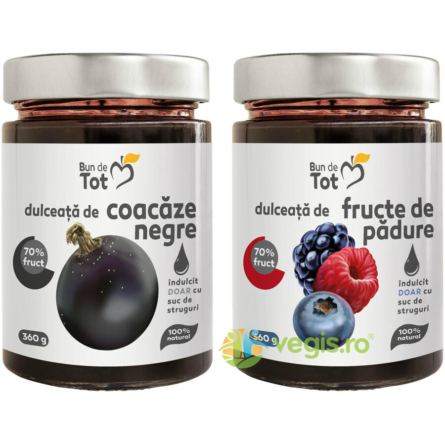 Pachet Dulceata din Coacaze Negre fara Zahar 360g + Dulceata din Fructe de Padure fara Zahar 360g 360g Alimentare