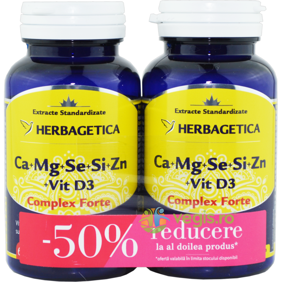 Pachet Complex Forte (Ca+Mg+Se+Si+Zn) cu Vitamina D3 2000UI 60cps+60cps (50% reducere la al doilea produs) Herbagetica