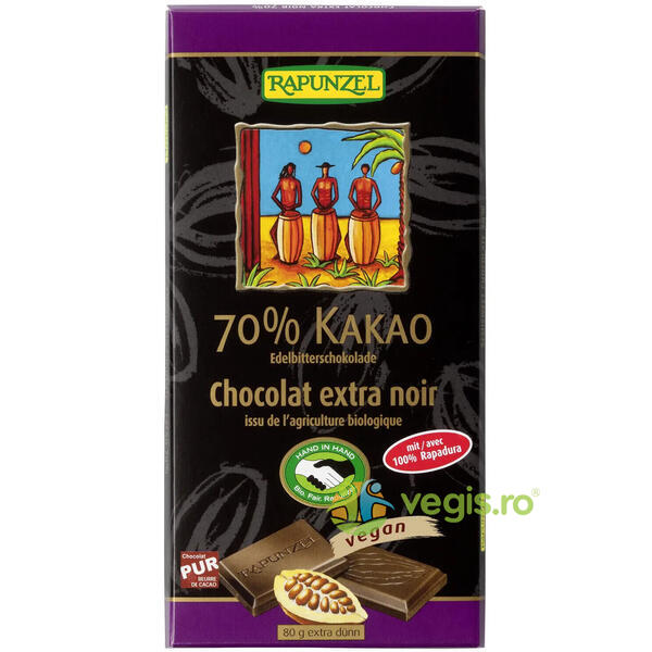 Ciocolata Amaruie Vegana 70% Cacao Ecologica/Bio 80g, RAPUNZEL, Dulciuri sanatoase, 1, Vegis.ro