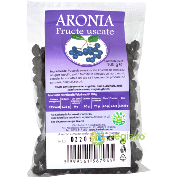 Aronia Fructe Uscate 100g, HERBAVIT, Fructe uscate, 1, Vegis.ro