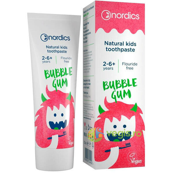 Pasta de Dinti Naturala Pentru Copii Bubble Gum 50ml, NORDICS, Pasta de dinti, 1, Vegis.ro