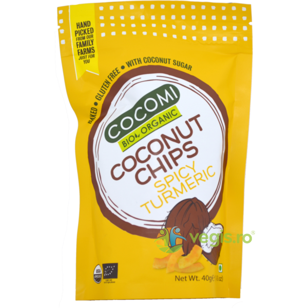 Chips-uri de Cocos cu Turmeric Ecologice/Bio 40g, COCOMI, Produse din Nuca de Cocos, 1, Vegis.ro