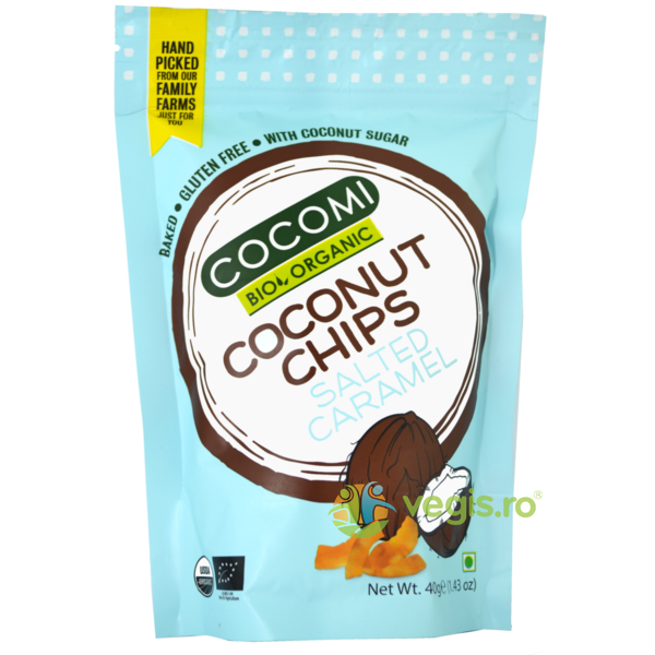 Chips-uri de Cocos cu Caramel Sarat fara Gluten Ecologice/Bio 40g, COCOMI, Gustari, Saratele, 1, Vegis.ro