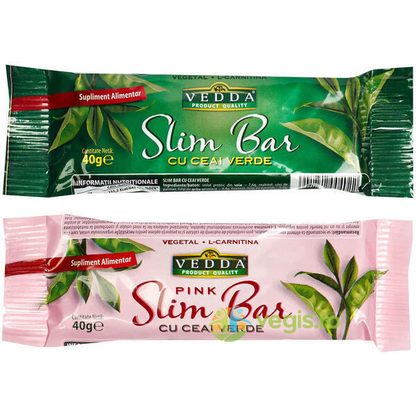 Pachet Baton de Slabit Slim Bar cu Ceai Verde 40g+ Baton de Slabit Slim Bar cu Ceai Verde Pink 40g, VEDDA KALPO, Batoane Proteice, 1, Vegis.ro