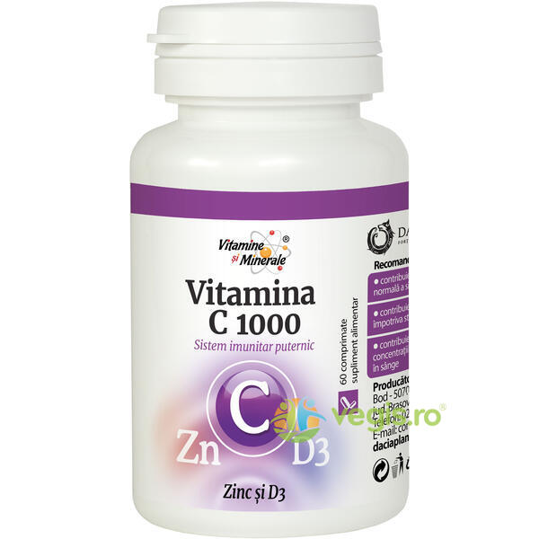 Vitamina C 1000 cu Zinc si D3 60Cpr, DACIA PLANT, Vitamina C, 1, Vegis.ro
