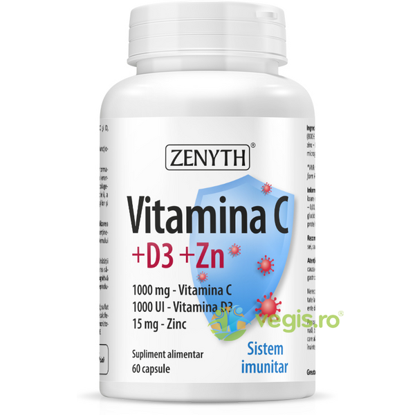 Vitamina C + Vitamina D3 + Zinc 60cps, ZENYTH PHARMA, Capsule, Comprimate, 1, Vegis.ro