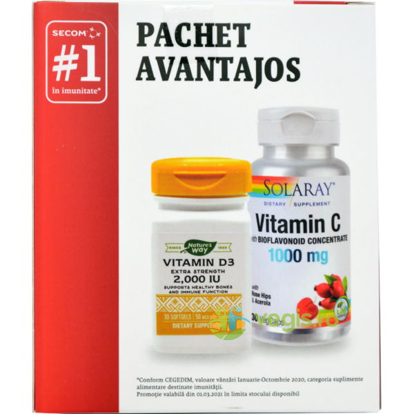Kit de Imunitate pentru Adulti: Vitamina C 1000mg 30cps Solaray + Vitamina D3 2000U.I 30cps Nature's Way, EXCLUSIV, Capsule, Comprimate, 1, Vegis.ro