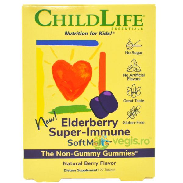 Elderberry Super-Immune SoftMelts 27 tab. masticabile Secom,, CHILD LIFE ESSENTIALS, Capsule, Comprimate, 1, Vegis.ro