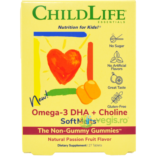 Omega-3 DHA+Choline SoftMelts 27 tab. masticabile Secom,, CHILD LIFE ESSENTIALS, Capsule, Comprimate, 1, Vegis.ro