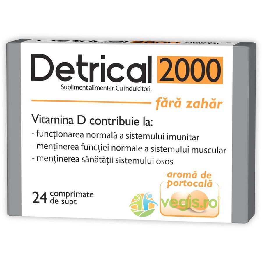 Detrical D3 2000U.I cu Aroma de Portocale Fara Zahar 24cpr 2000U.I Capsule, Comprimate