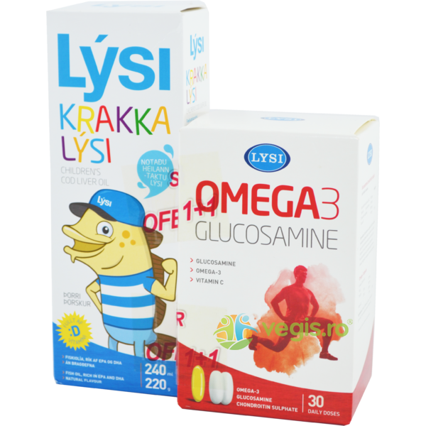Ulei din Ficat de Cod (Cod Liver) pentru Copii 240ml + Omega 3 Glucosamine 30cps Pachet, LYSI, Suplimente pentru copii, 1, Vegis.ro