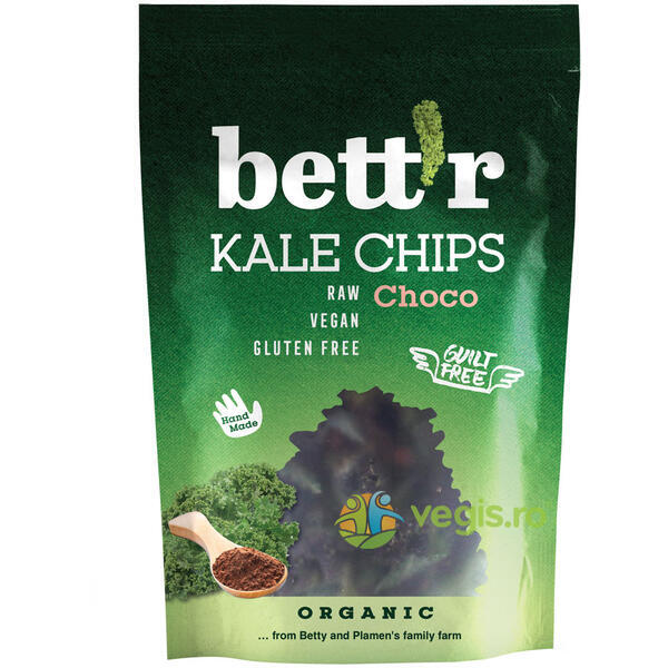 Chips-uri din Kale cu Ciocolata Raw fara Gluten Ecologice/Bio 30g, BETTR, Gustari, Saratele, 1, Vegis.ro