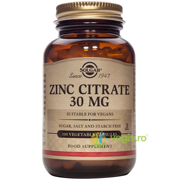Zinc Citrate 30mg 100cps vegetale, SOLGAR, Capsule, Comprimate, 1, Vegis.ro